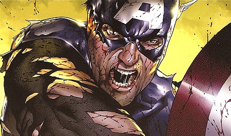Detalle de la portada del libro tercero de "Miedo encarnado" con el Capitán América en acción